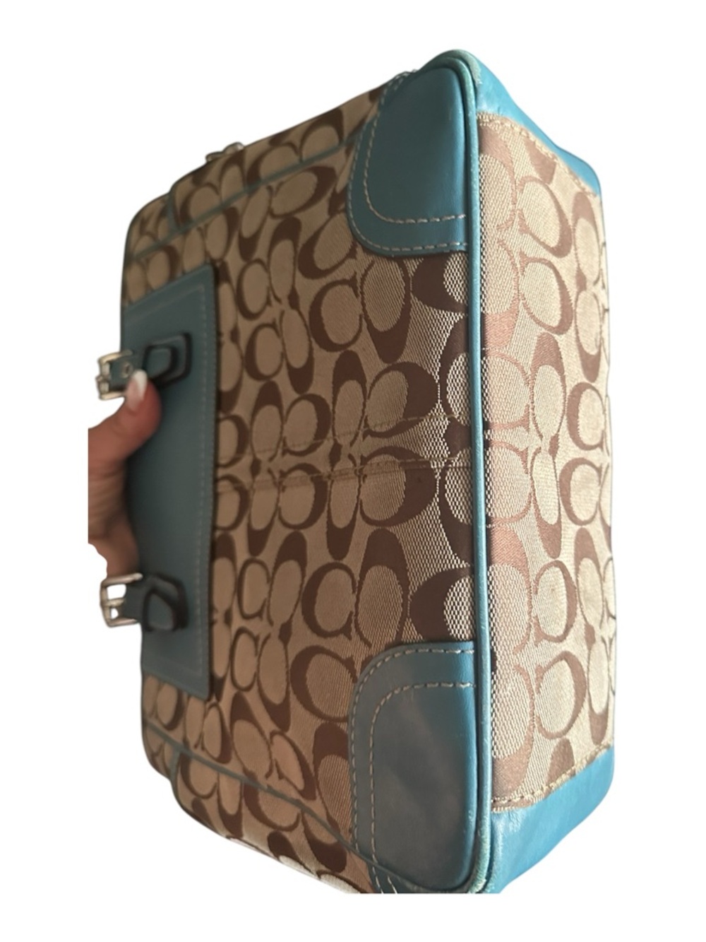 Coach Vintage Y2K Hadley Lunch Bag Beige Signature Canvas Tote Blue Leather Trim - Picture 4 of 13
